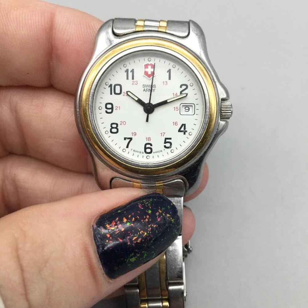 Swiss Army Womens Watch 28mm Gold Silver Tone Stainless Date New Battery 6.25